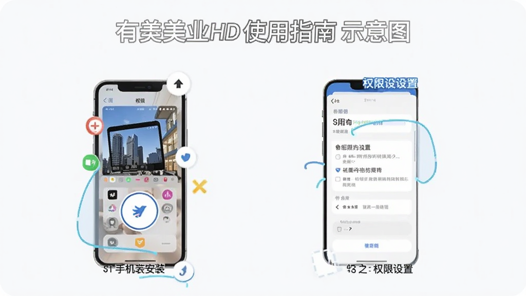 有赞美业HD使用指南示意图,展示手机安装步骤和权限设置界面,步骤清晰,风格简洁,画质高清,干净无多余元素