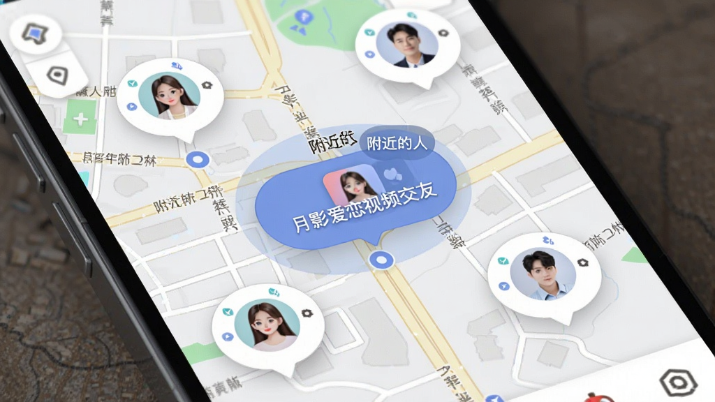 画面主体为一张手机地图界面,地图上分布着多个用户头像气泡,其中一个气泡标注“月影爱恋视频交友”,周围有“附近的人”字样。布局为地图全屏展示,气泡错落有致,风格清新,细节包含街道名称和距离标签,画质细腻干净,无多余元素。
