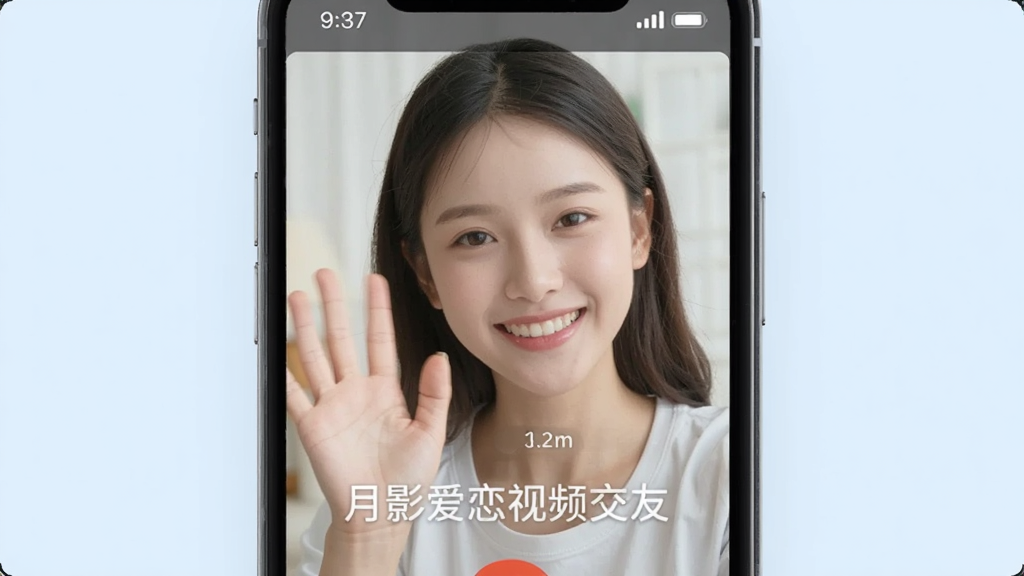 画面主体为一部手机屏幕,正在视频通话中,屏幕内是年轻女孩微笑挥手,屏幕边缘有“月影爱恋视频交友”的水印。布局为竖屏全屏,背景为淡蓝色,风格写实,细节包括通话时长和信号图标,画质清晰干净,无多余元素。
