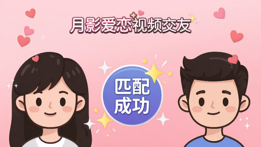 画面主体为两个卡通人物头像,中间有一个闪光的“匹配成功”图标,背景是柔和的粉色渐变,上方有“月影爱恋视频交友”的logo。布局居中对称,风格扁平化,细节包括心形飘落和火花特效,画质清晰干净,无多余元素。