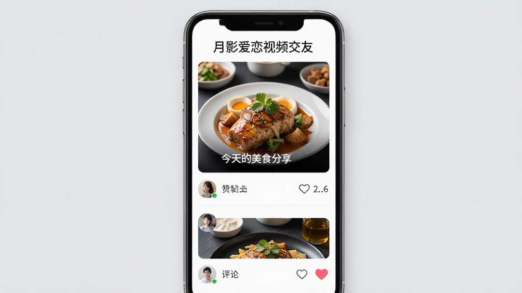 画面主体为手机竖屏界面,顶部是“月影爱恋视频交友”字样,下方是一张美食照片,配有文字“今天的美食分享”,底部有评论和爱心图标。布局为瀑布流展示,背景为浅灰色,风格简约,细节包括用户头像和点赞数,画质高清,干净无多余元素。