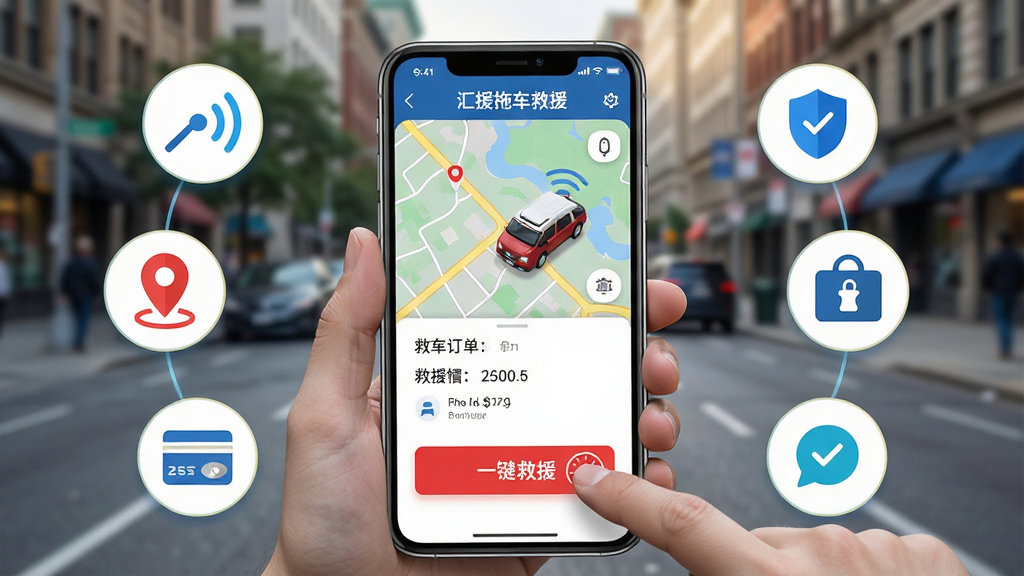 主体:展示汇援拖车救援APP在手机上的使用场景,用户正在点击“一键救援”按钮;布局:手机屏幕占据中心,周围有信号、定位、支付等图标点缀;排版:手机屏幕显示地图和救援车辆,按钮为红色,背景为街道实景;风格:写实与科技结合,色彩明亮,突出便捷性;细节:手机屏幕上有“汇援拖车救援”字样和救援订单信息,用户手指触碰按钮;画质:高清,干净,无多余元素