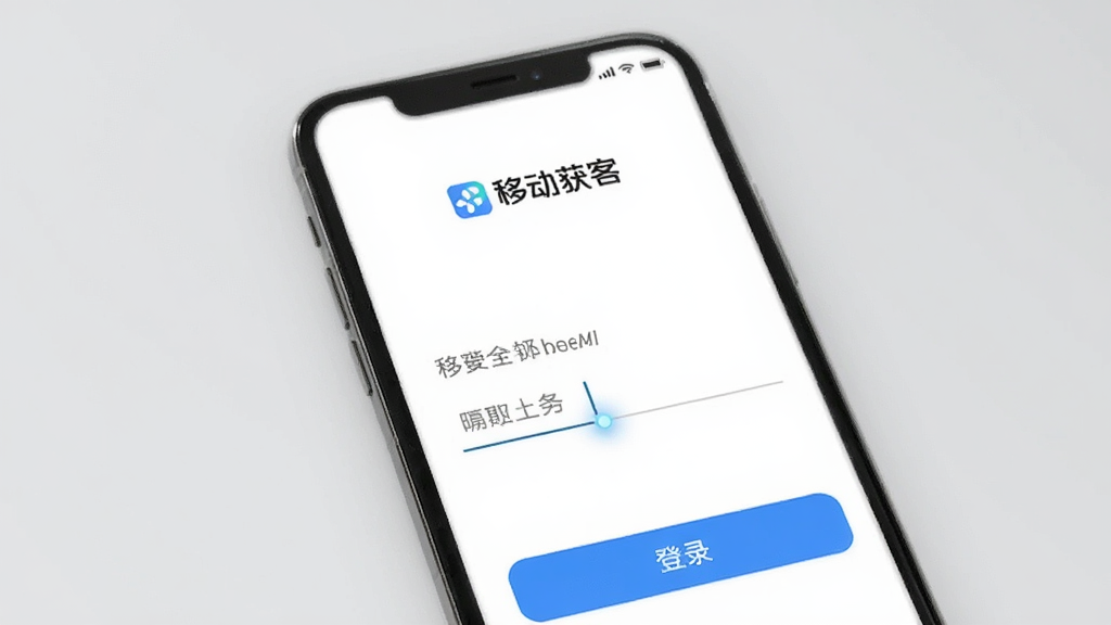 画面主体为一部手机显示移动获客的登录页面,背景为浅灰色。布局居中,下方有“登录”按钮。排版上,顶部有“移动获客”logo。风格极简,细节包括输入框光标。画质清晰,无多余元素。