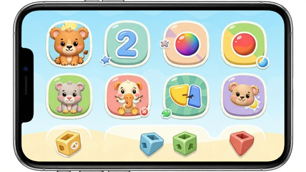 宝宝认知启蒙APP的主界面预览图,展示色彩柔和的儿童早教应用界面,包含动物、数字、颜色等图标,布局清晰,风格卡通可爱,画质干净,无多余元素,整体明亮温馨。