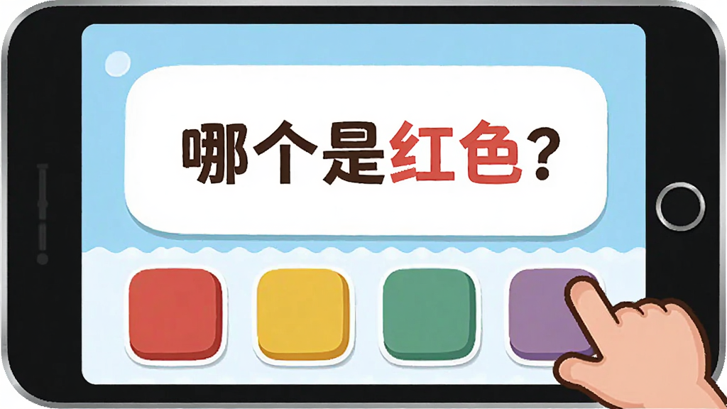 宝宝认知启蒙的认知测试界面,展示一个可爱的卡通问题“哪个是红色?”,下方有多个彩色色块选项,界面简洁明快,画质干净,适合儿童操作。