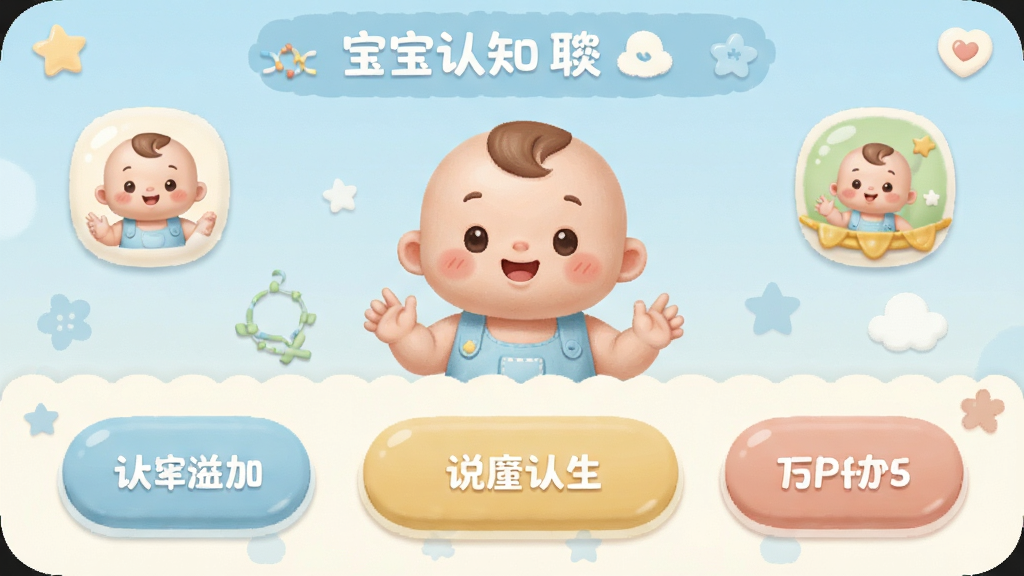 宝宝认知启蒙的界面设计展示,整体色调柔和,图标圆润可爱,功能按钮大而清晰,背景简洁干净,突出儿童友好风格,画质细腻。