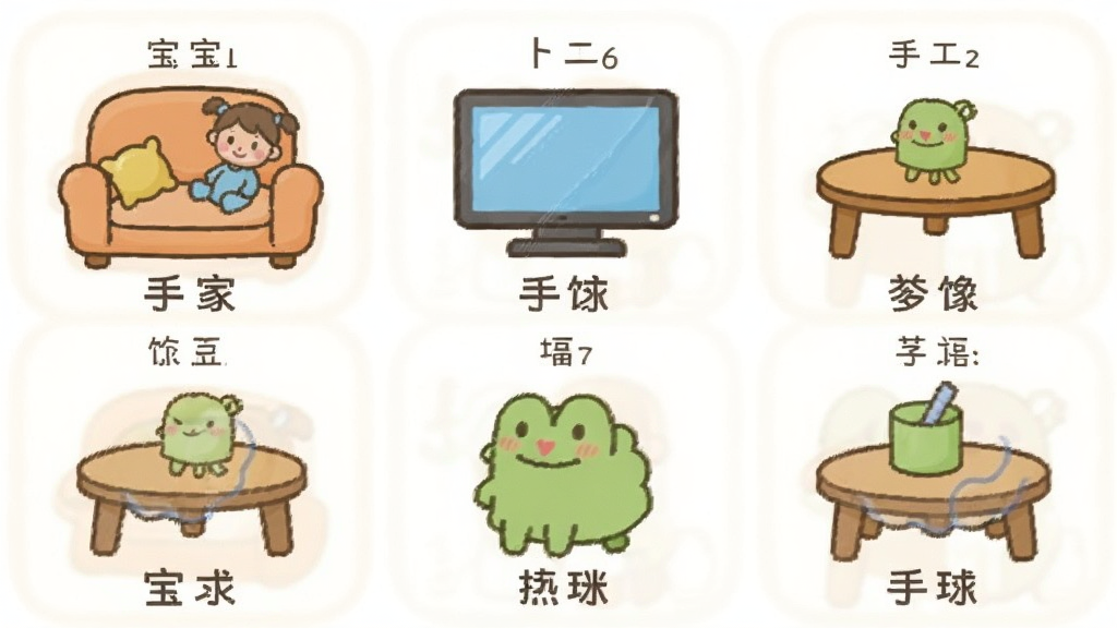 宝宝认知启蒙的生活场景认知模块,展示客厅场景中沙发、电视、茶几等物品的卡通图标,配有中文标签,布局整洁,风格温馨,画质干净。