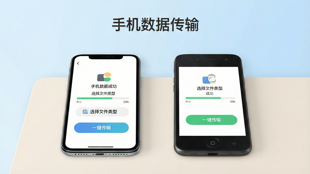 手机数据传输软件主界面展示,一部新手机和一部旧手机并排放在桌上,屏幕中显示配对成功和传输进度条,背景为简约干净的浅蓝色渐变,界面布局清晰,有“选择文件类型”和“一键传输”按钮,文字标注“手机数据传输”,现代扁平化设计风格,高画质,干净无多余元素