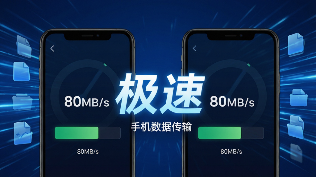 手机数据传输传输速度测试界面,两部手机屏幕显示传输速率达到80MB/s,背景为动态速度线条和文件图标,科技感蓝色调,布局简洁,突出“极速”字样,文字标注“手机数据传输”,高画质,干净无多余元素
