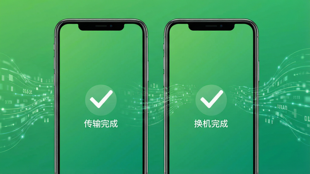 手机数据传输传输完成界面,两部手机屏幕显示“传输完成”对勾图标,背景为绿色渐变,点缀数据流动线条,文字标注“换机成功”,简洁商务风格,高画质,干净无多余元素