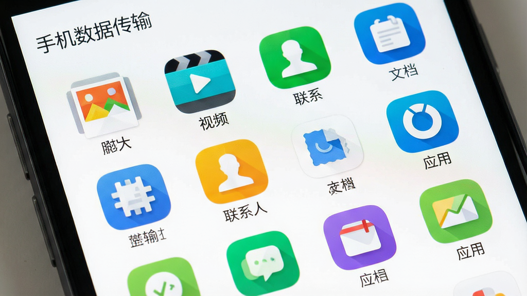 手机数据传输文件类型选择界面,屏幕上显示图标矩阵,包含照片、视频、联系人、文档、应用等彩色图标,每个图标下方有中文标签,背景为白色,布局整齐,文字标注“手机数据传输”,扁平化UI设计,高画质,干净无多余元素