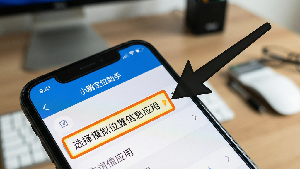 手机屏幕特写,显示“小鹏定位助手”的设置界面,其中“选择模拟位置信息应用”选项被高亮标注。背景为模糊的桌面,主体为手机屏幕特写。布局采用对角线构图,手机位于左下角,右上角有放大的箭头指向设置项。排版风格为清晰的教程截图风格,细节突出文字信息,画质高清,干净无多余元素。
