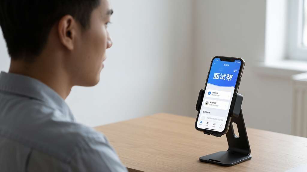 主体:面试帮使用场景图,手机放在支架上,用户坐在桌前对着手机练习;布局:人物侧影,手机屏幕亮着显示面试帮界面;排版:人物在左,手机在右;风格:写实生活风;细节:屏幕上有“面试帮”字样,画质高清;画质:高清,干净,无多余元素