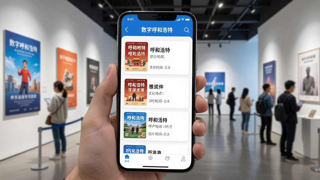 图片主体为“数字呼和浩特”APP的文化活动页面截图,屏幕中展示一个活动列表,包含活动海报缩略图、名称、时间和地点,界面采用卡片式设计,色彩明快。手机被一只手握着,背景是呼和浩特的一座现代美术馆内部,有展览海报和参观人群,整体氛围活跃,构图清晰,风格写实,画质高清,干净无多余元素。