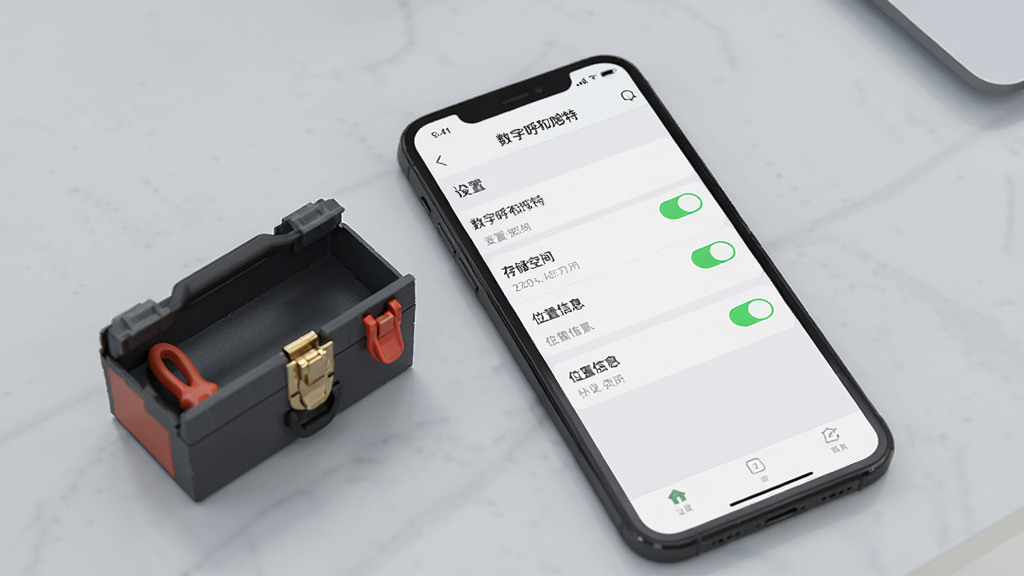 图片主体为一部手机正在运行“数字呼和浩特”APP,屏幕上显示“设置”界面,其中“存储空间”、“位置信息”等权限开关处于开启状态。手机旁边放着一个小型工具箱,象征着问题解决,背景为浅灰色桌面,整体风格简洁写实,画质高清,干净无多余元素。