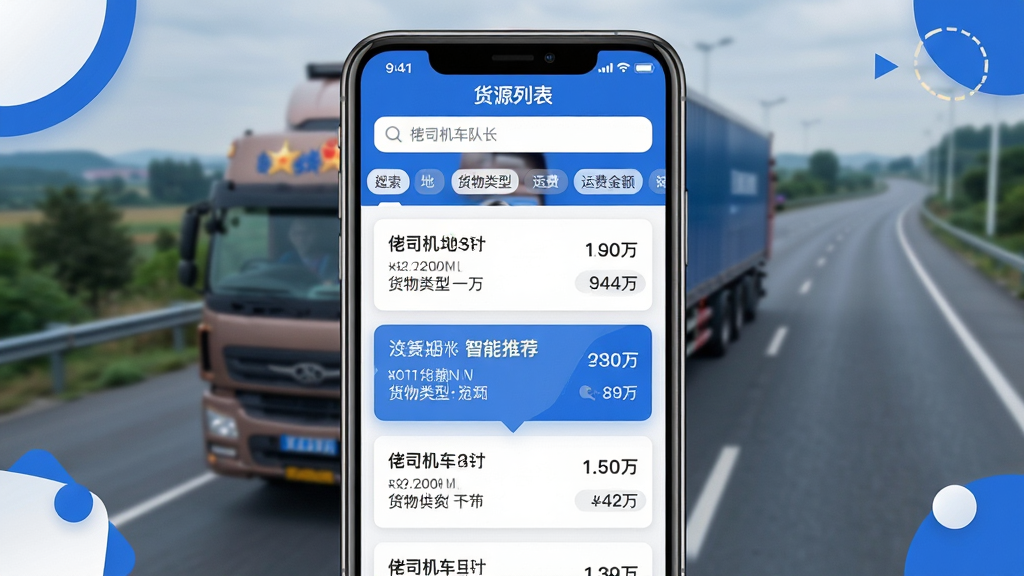画面主体为“佬司机车队长”软件中的货源列表页面,页面顶部有搜索栏和筛选标签,下方以卡片形式展示货源信息,包含起止地、货物类型、运费金额等,其中一张卡片被高亮标记为“智能推荐”。背景为模糊处理的物流货车行驶在高速公路的画面。布局采用手机UI界面居中展示,四周围绕简洁的几何图形装饰。排版清晰,信息层级分明。风格为扁平化与轻拟物结合,色调以蓝色和白色为主,画质干净,无多余元素。