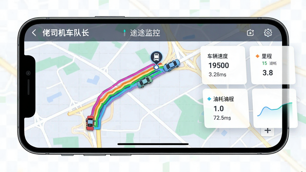 画面主体为手机横屏显示“佬司机车队长”在途监控界面,地图上有多条彩色行驶轨迹线,并标注车辆当前位置图标。右侧悬浮显示车辆速度、里程、油耗等数据卡片。背景为淡色网格地图,风格为科技感UI设计,色彩鲜明,信息易读。布局合理,重点突出,画质干净,无多余元素。