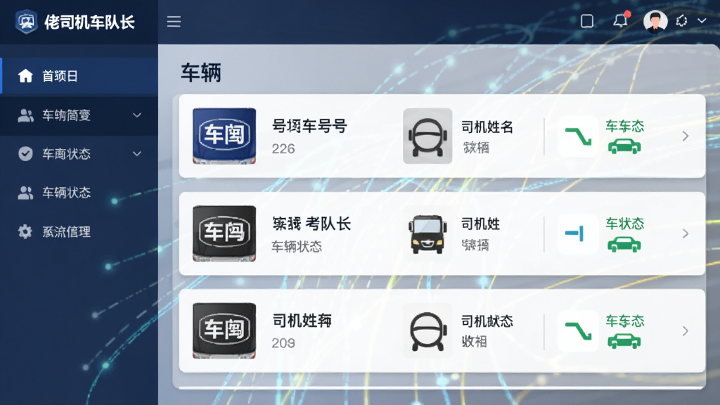 画面主体为“佬司机车队长”软件的车队管理后台界面,左侧为功能导航栏,右侧展示车辆列表,每辆车以卡片形式呈现,包含车牌号、司机姓名、车辆状态图标。背景为抽象的数据流动线条,象征信息实时同步。布局采用左右分栏结构,整体风格商务简约,色彩以深蓝与灰色为主,强调专业感。画质清晰,干净整洁,无多余元素。