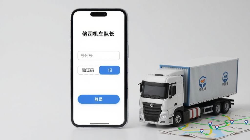 画面主体为一部智能手机竖屏展示“佬司机车队长”的登录界面,界面有手机号输入框、验证码按钮和登录按钮。手机旁边放置一辆卡车模型和一张物流地图,象征物流运输。背景为纯色浅灰,整体布局简洁,产品视觉突出。风格为写实产品摄影,光线柔和,画质清晰,无多余元素。