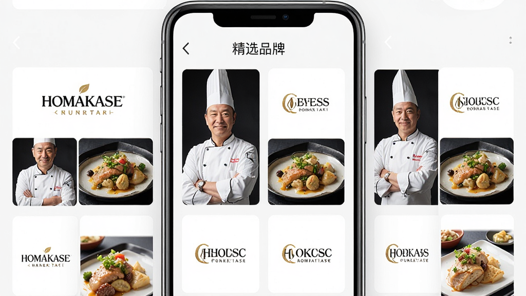 一张Homakase应用内品牌选择页面的手机截图风格图,页面顶部显示“精选品牌”字样,下方排列多个精致品牌LOGO卡片,每个卡片配有名厨头像与招牌菜缩略图,整体界面简洁大气,专业感强,画质清晰干净