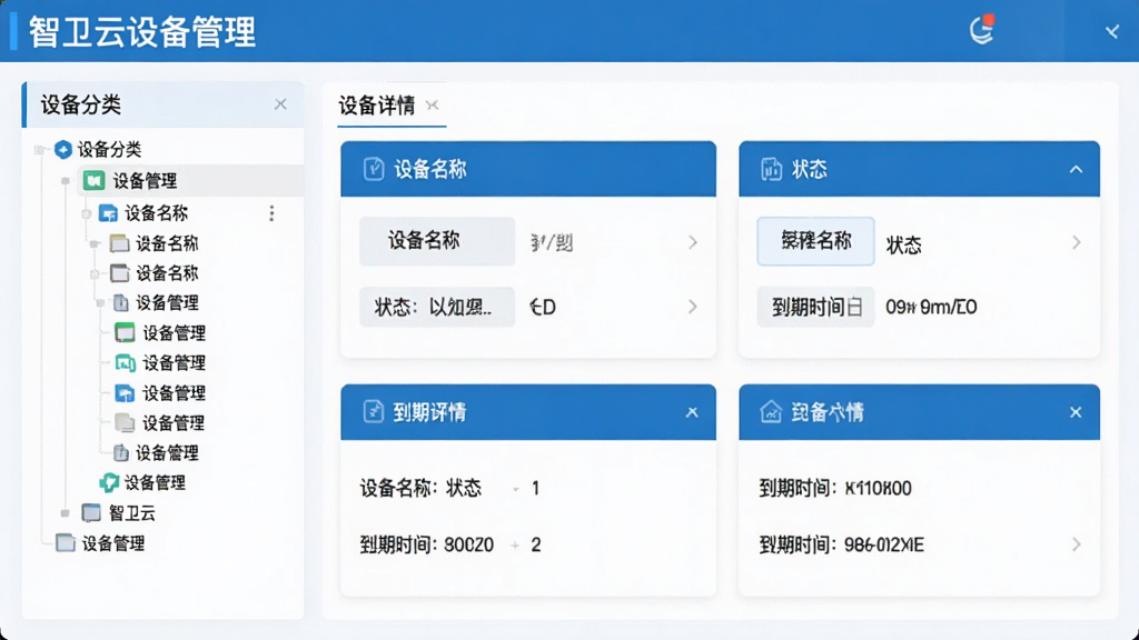 展示智卫云设备管理页面,左侧为设备分类树,右侧为设备详情卡片,包含设备名称、状态、到期时间等信息,界面蓝白配色,布局规整,风格商务简洁,画质清晰,无多余元素,文字标注“智卫云设备管理”