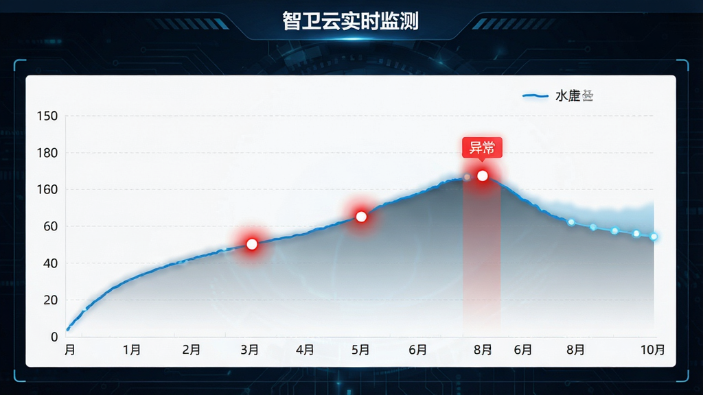 展示智卫云实时监测数据面板,折线图显示水压变化趋势,异常点红色高亮,背景为深色科技感风格,图表清晰,布局合理,风格专业,画质高清,无多余元素,文字标注“智卫云实时监测”