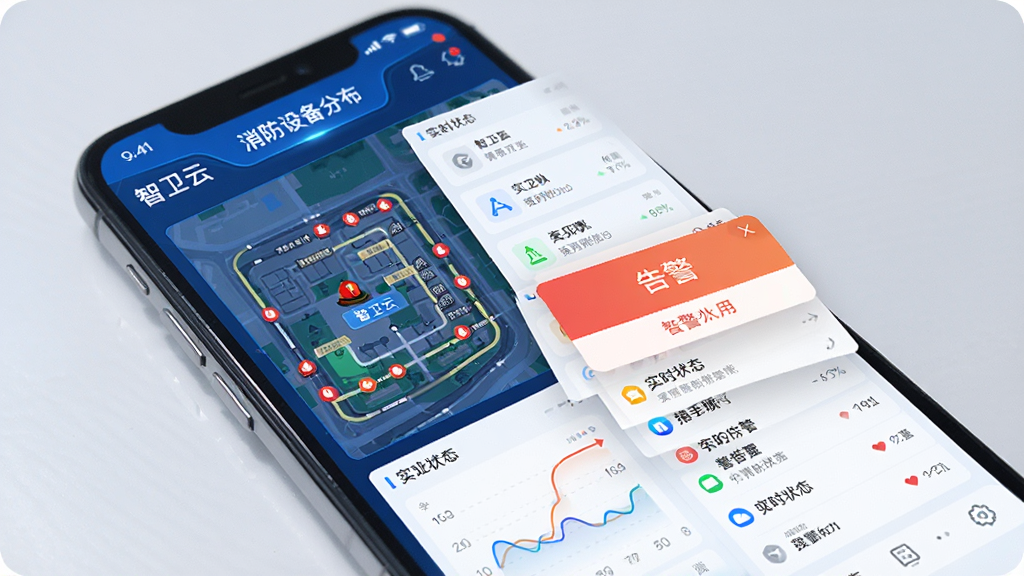 图片展示智卫云APP主界面,手机屏幕上显示消防设备分布地图、实时状态列表和告警弹窗,采用蓝色科技感UI设计,布局清晰,排版整洁,整体风格现代简约,细节丰富,画质高清干净,无多余元素,文字标注“智卫云”