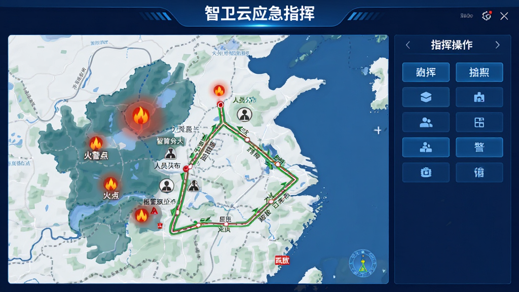展示智卫云应急指挥界面,地图上显示火警点位、人员分布和疏散路线,右侧有指挥操作按钮,界面采用深蓝色调,布局清晰,风格专业,画质高清,无多余元素,文字标注“智卫云应急指挥”