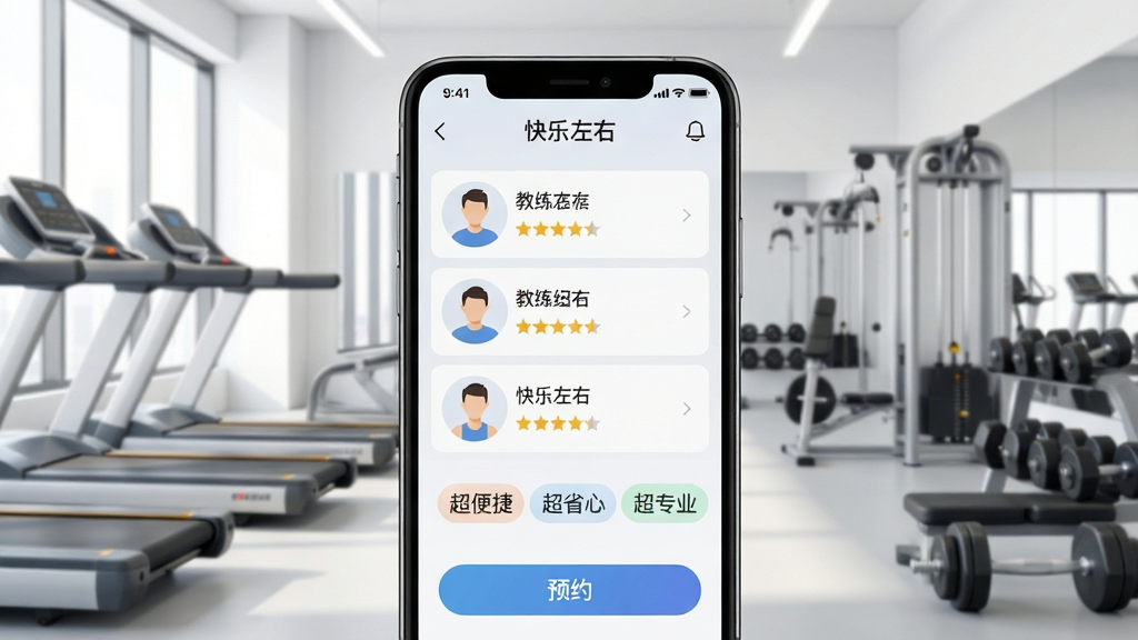 一张展示快乐左右APP界面风格的图片,主体为智能手机屏幕,屏幕内显示教练列表、评分星级、预约按钮等界面元素,背景为明亮的现代健身房场景,有跑步机、哑铃等器材,整体布局居中,排版简洁清爽,风格为扁平化UI设计,细节清晰,画质高清干净,无多余元素,屏幕中显示“快乐左右”品牌字样和“超便捷”、“超省心”、“超专业”三个功能标签。