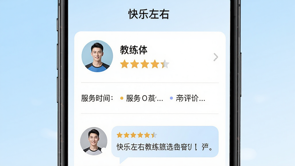 一幅展示快乐左右教练筛选功能的界面截图,主体为手机屏幕,屏幕上显示教练头像、姓名、评分星级、服务时间表、用户评价文字,背景为淡蓝色渐变,整体布局采用列表式,排版清晰,风格简洁干净,细节包括星级图标和评价气泡,画质高清,无多余元素,屏幕顶部有“快乐左右”字样。