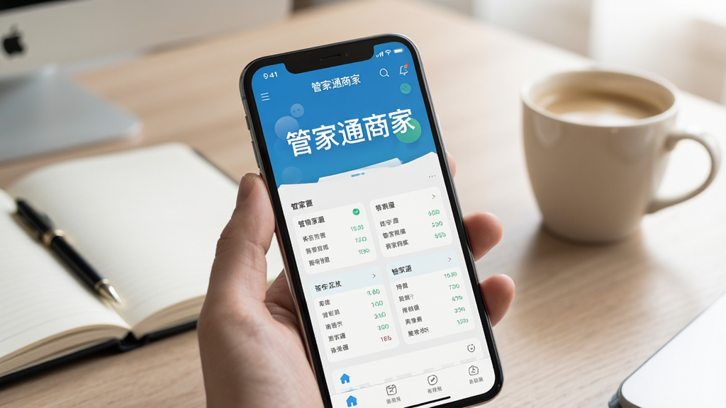 一张展示管家通商家应用在手机上运行的照片,手机屏幕清晰显示应用主界面,背景为办公桌,有笔记本和咖啡杯,光线柔和,画质干净,无多余元素,突出“管家通商家”应用界面。