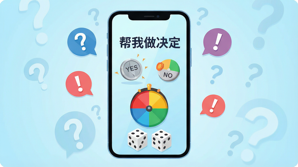主体:一部亮着屏幕的智能手机,屏幕显示“帮我做决定”应用界面,界面中有抛硬币、幸运转盘、掷骰子三个彩色图标,背景是浅蓝色渐变,周围漂浮着问号和感叹号气泡。布局:手机居中,四周留白,图标排列整齐。排版:简洁明快,突出应用名称和功能图标。风格:扁平化插画风,色彩明快活泼。细节:硬币上刻有“YES”和“NO”,转盘分为红黄蓝绿四色,骰子显示点数六。画质:高清渲染,干净,无多余元素。