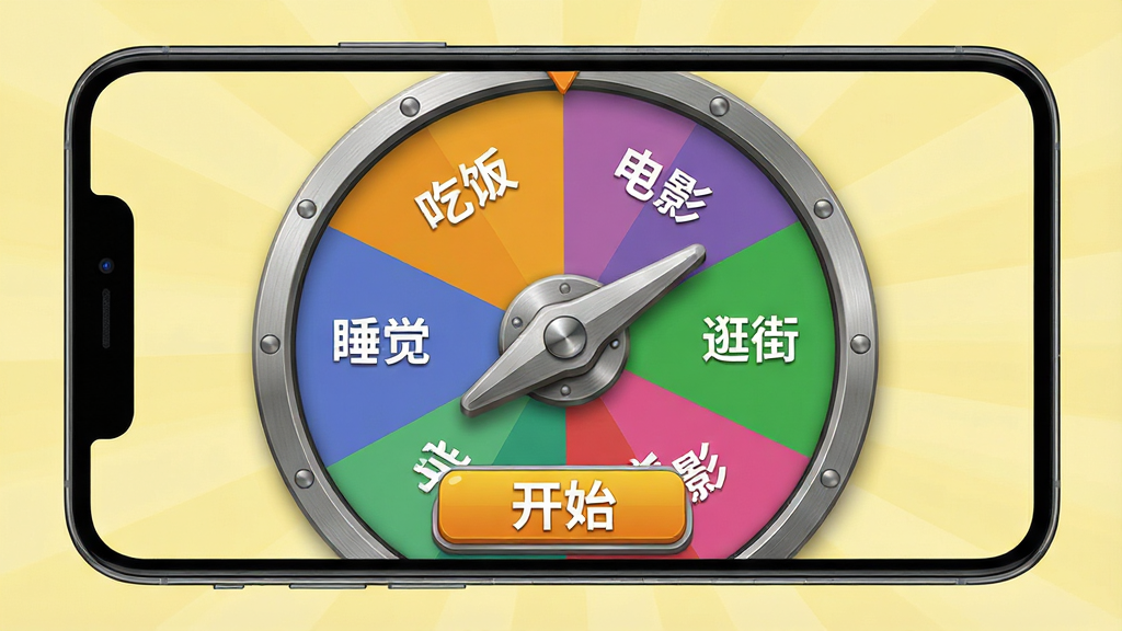 主体:手机横屏展示“帮我做决定”的幸运转盘界面,转盘被分成六个彩色扇区,分别标有“吃饭”“电影”“逛街”“游戏”“学习”“睡觉”文字,转盘指针指向“电影”。布局:手机位于画面中央,转盘占据屏幕大部分,下方有“开始”按钮。排版:界面布局紧凑,按钮醒目。风格:拟物化与扁平化结合,色彩鲜艳。细节:转盘边缘有金属质感,指针立体感强,背景为淡黄色。画质:高分辨率,干净,无多余元素。