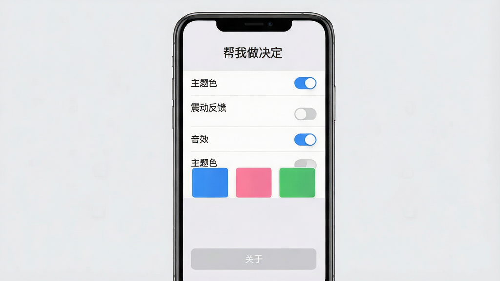 主体:手机屏幕显示“帮我做决定”的设置界面,有“震动反馈”“音效”“主题色”等选项,背景是浅灰色。布局:设置列表居中,每行有开关和文字。排版:整齐清晰。风格:扁平简约。细节:主题色有蓝色、粉色、绿色三种色块,底部有“关于”按钮。画质:高清,干净,无多余元素。