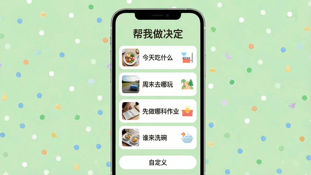 主体:手机屏幕显示“帮我做决定”的场景模板列表,列表中有“今天吃什么”“周末去哪玩”“先做哪科作业”“谁来洗碗”等条目,每条右侧有彩色小图标。布局:手机居中,列表从上到下排列,背景为浅绿色。排版:列表清晰,字体圆润。风格:简约清新。细节:每条模板有缩略图,底部有“自定义”按钮。画质:清晰,干净,无多余元素。