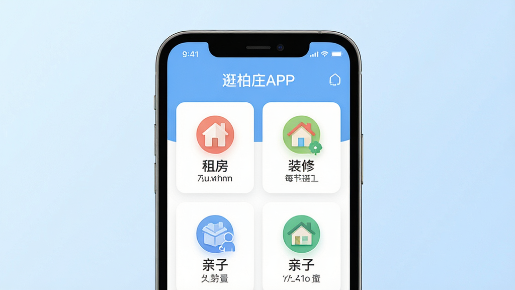 一张展示逛柏庄APP核心功能的预览图,画面主体是手机界面,界面清晰展示租房、装修、亲子等主要功能模块的图标和入口,布局整洁,风格清新明快,采用扁平化设计,背景为淡蓝色渐变,画质高清干净,无多余元素