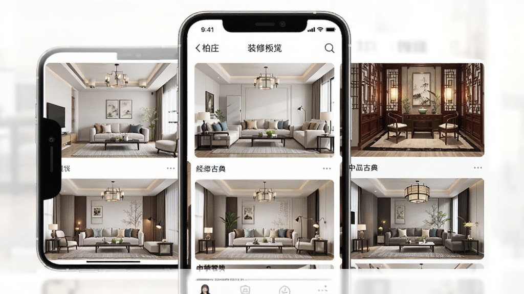 逛柏庄APP装修板块功能预览图,画面主体是手机界面,展示各种室内装修风格的效果图,包括现代简约、中式古典等,图片精美,风格多样,布局采用瀑布流形式,界面美观,画质高清,无多余元素