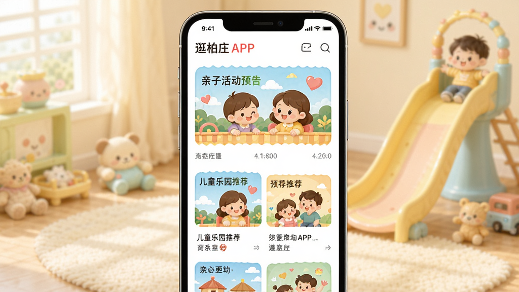 逛柏庄APP亲子板块功能预览图,主体为手机界面,界面展示着亲子活动预告、儿童乐园推荐等内容,配图温馨活泼,色彩明亮,布局清晰,风格可爱亲切,画质干净,无多余元素