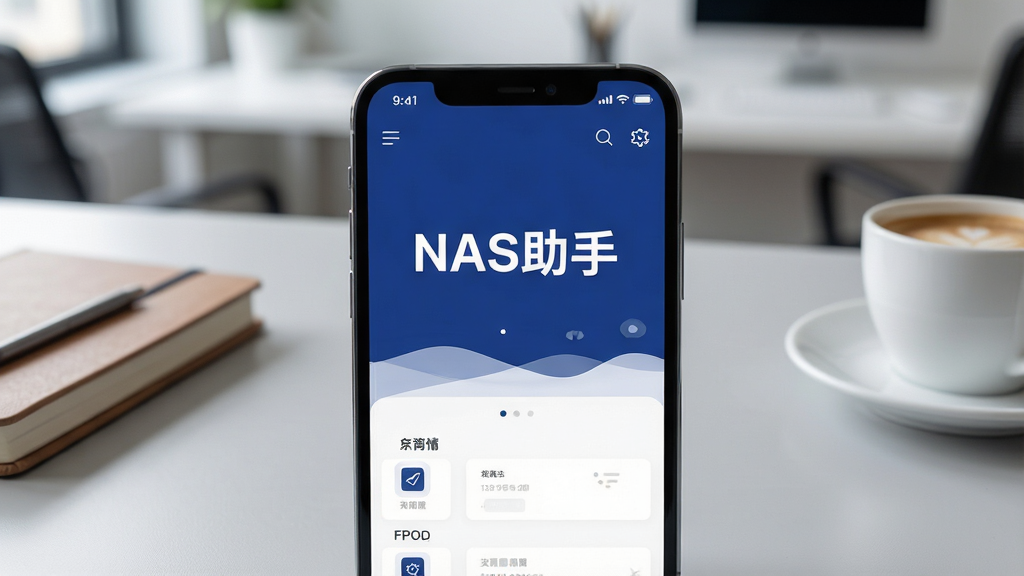 画面主体为一部智能手机屏幕特写,屏幕中清晰显示“NAS助手”APP的主界面,界面风格现代简洁,采用深蓝色与白色搭配。手机放置在浅灰色桌面上,周围点缀着几本笔记本和一杯咖啡,背景为模糊的办公环境。布局上手机居中,画面干净明亮,细节丰富,画质细腻,无多余元素。