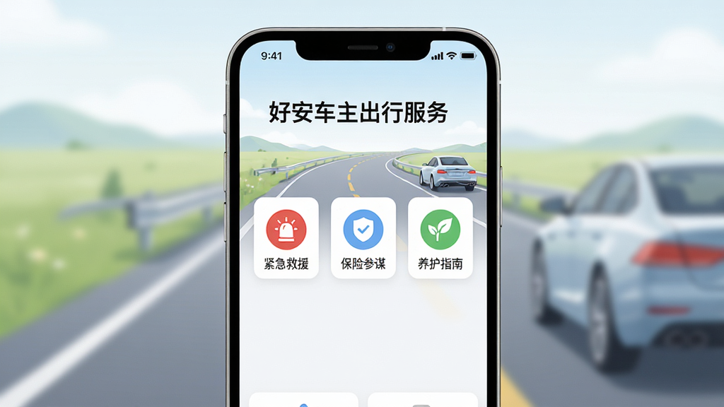 一幅展示智能手机屏幕的图片,屏幕中显示“好安车主出行服务”APP主界面,界面包含“紧急救援”、“保险参谋”、“养护指南”三个主要功能图标,背景为简洁的公路与汽车元素,整体风格明亮清晰,UI设计现代,画质干净,无多余元素。
