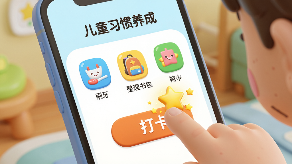 ��������Ϊ��ͯ��ָ����ֻ���Ļ�ϵġ��򿨡���ť����Ļ����ʾ����ͯϰ�����ɡ�APP�Ĵ򿨽��棬�С�ˢ�����������������ͼ�ꡣ����Ϊ�ֻ���д����ָ�����������Ű��࣬���Ϊ��ͨ3D��Ⱦ��ɫ�����ޣ�ϸ�ڰ����򿨺󵯳���������Ч�����ʸ���ɾ����޶���Ԫ�ء�