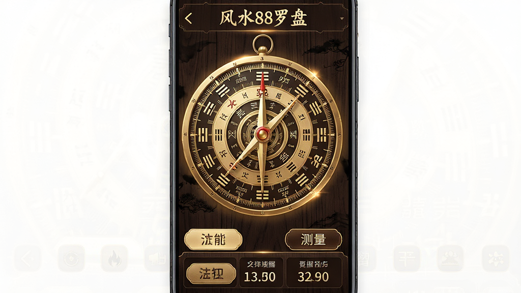 主体:一款名为“风水88罗盘”的安卓手机应用界面,屏幕中央显示一个精致的传统风水罗盘,周围有刻度与卦象标识,界面风格古典雅致,背景为深色木纹。布局:手机竖屏居中展示,罗盘占据画面主要位置,下方有功能按钮与测量数据面板。排版:罗盘圆形居中,按钮排列整齐,数据清晰显示。风格:国风水墨与科技感结合,色彩以金色、深棕为主。细节:罗盘指针指向明确,刻度精细,界面带有微光效果。画质:高清渲染,干净无多余元素。