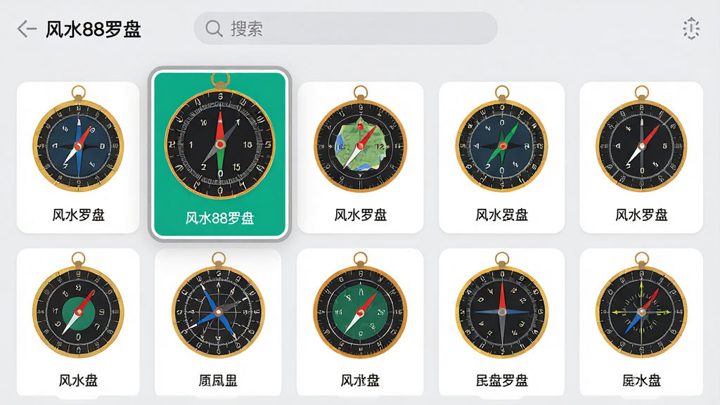 主体:“风水88罗盘”应用内罗盘类型切换界面,展示多种罗盘缩略图。布局:网格状排列多个罗盘样式卡片,当前选中的罗盘放大显示在顶部。排版:卡片整齐排布,选中状态有高亮边框。风格:扁平化设计,色彩明快,背景浅灰。细节:每个罗盘样式下方标注名称,界面顶部有搜索栏。画质:高清,干净无多余元素。