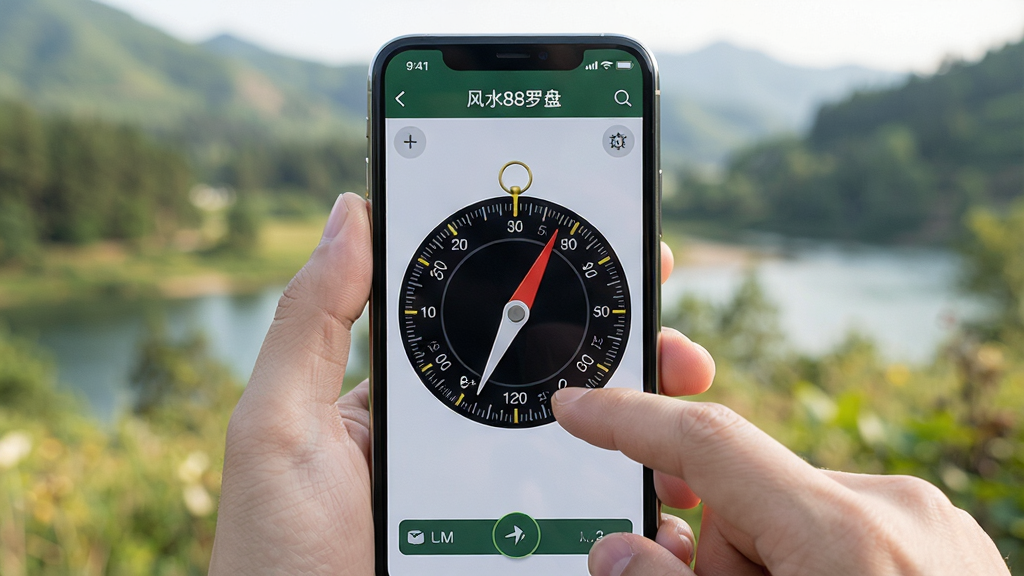 主体:“风水88罗盘”应用在手机上的使用场景,用户手持手机进行测量,背景为户外自然风景。布局:手机屏幕特写,显示罗盘界面,背景虚化。排版:手机居中,屏幕内容清晰可见。风格:写实摄影风格,光线自然。细节:用户手指轻触屏幕,罗盘指针清晰,屏幕显示度数。画质:高清,干净无多余元素。