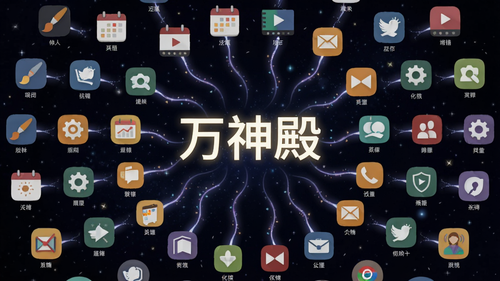 主体:一个由众多小图标组成的圆形阵列,包括画笔、日程表、视频播放器等,中心位置是一个发光的“万神殿”字样。布局:圆形阵列居中,每个图标都连接着光线到中心。排版:图标大小统一,排列均匀,色彩各异。风格:扁平化与发光效果结合,背景为深色星空。细节:每个图标下方有微小的文字标签,光线流动闪烁。画质:8K高清,干净,无多余元素。