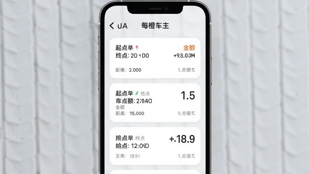 主体为手机应用订单列表页面,顶部显示“每橙车主”字样,下方展示多个订单卡片,包含起点终点、金额、距离等数据。布局为纵向列表,卡片圆角设计,背景为浅灰色壁纸。排版整洁,数据易读,风格简约,色彩明快,画质清晰,干净无多余元素。