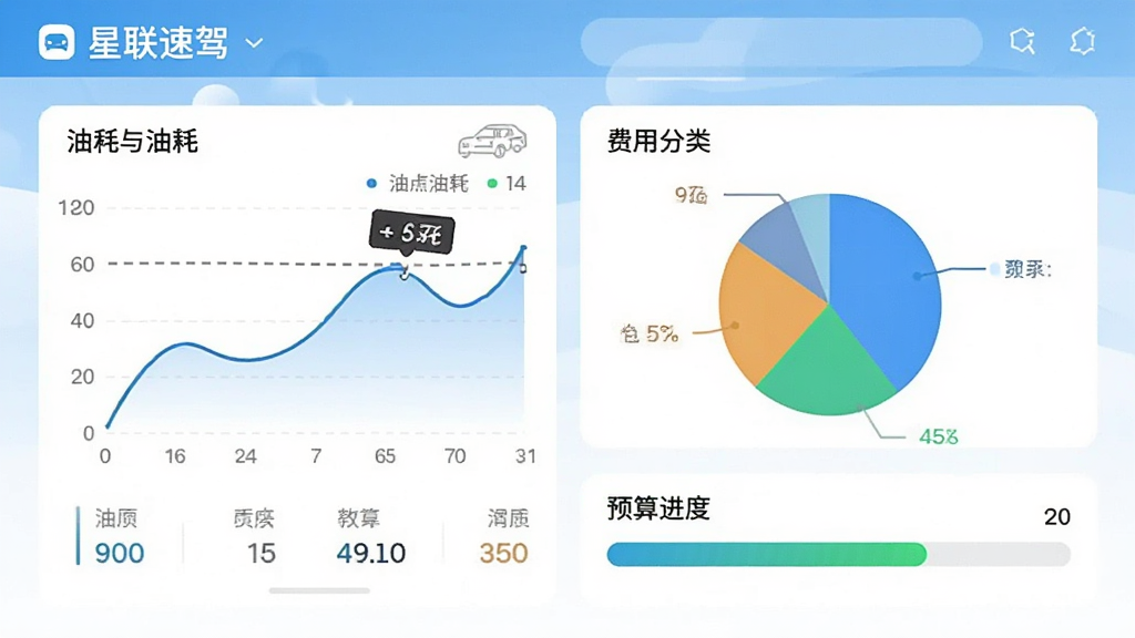 星联速驾应用显示用车成本统计界面,包含油耗曲线、费用分类饼图、预算进度条,界面风格清新,数据可视化,画质清晰,无多余元素