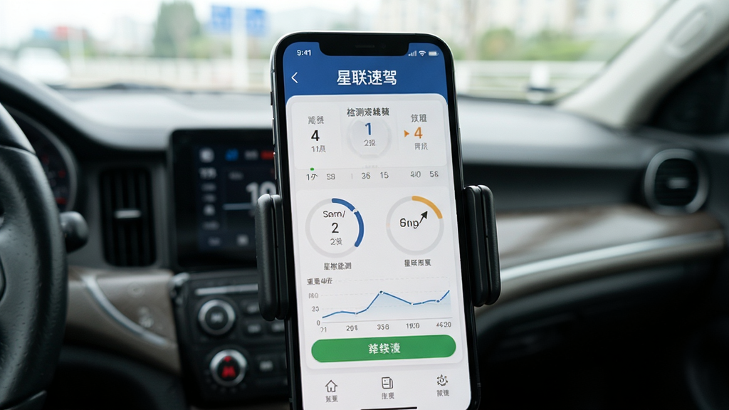 星联速驾应用在手机上运行的使用场景,手机固定在支架上,界面显示检测数据,背景为车内环境,画质清晰,无多余元素