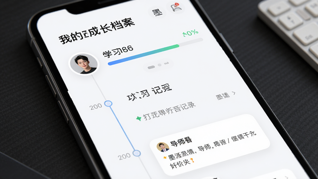 ���壺ī������APP�ġ��ҵĳɳ����������棬չʾ�û���ѧϰ���ȡ���̱��͵�ʦ���ۡ����֣�����ʱ������ơ��Ű棺����������������רҵ����������ϸ�ڣ��н��������򿨼�¼����ʦ������ʣ��߷ֱ��ʣ��ɾ����޶���Ԫ�ء�