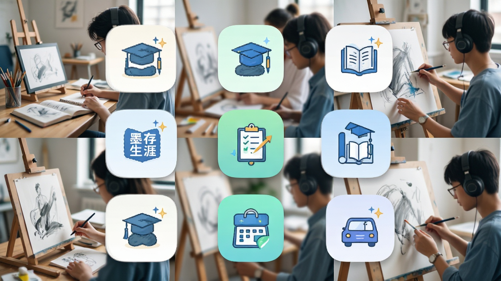 ���壺��ī�����ġ�APP�Ĺ��ܽ��棬չʾ���С���ѧ����ҵ�Ȳ�ͬģ���ͼ�꣬����Ϊ�������ڲ�ͬ������ѧϰ����������Ƭǽ�����֣��Ź��񲼾֣�ͼ��Բ���Ű棺��Ϣ�㼶������������¡��������ִ���ϸ�ڣ�ÿ��ͼ���м��Ĳ廭��������Ƭ����ʵ�С����ʣ����壬�ɾ����޶���Ԫ�ء�